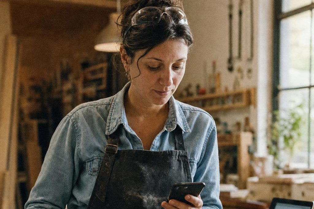 Une artisane consulte son téléphone dans son atelier de menuiserie