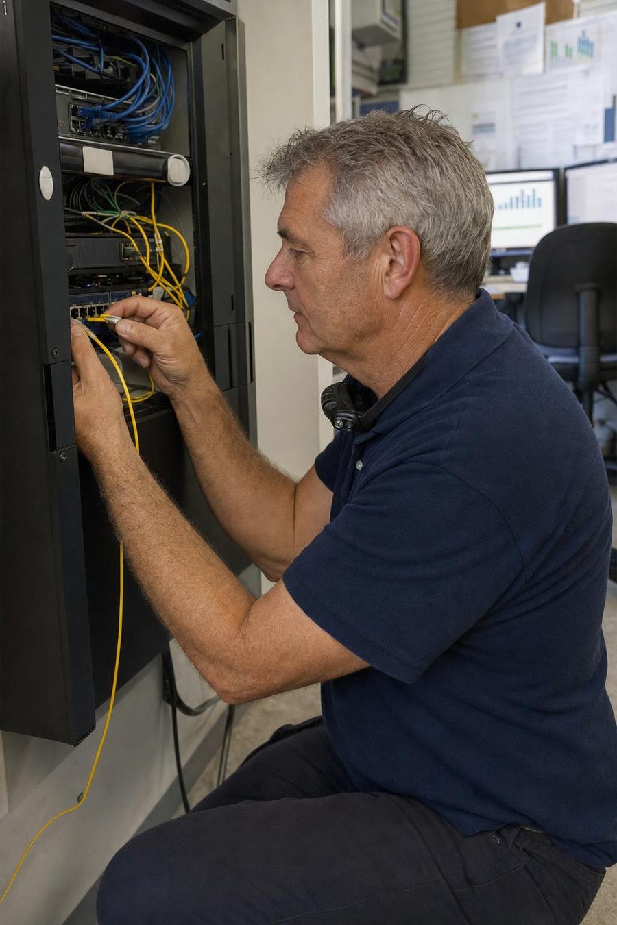 Un technicien branche une fibre optique dans l’armoire réseau d’une petite entreprise
