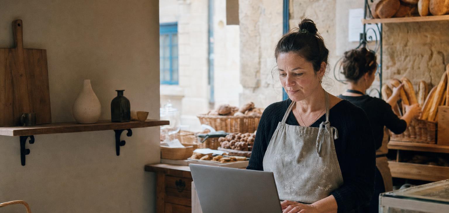 Une boulangère derrière son comptoir consulte son ordinateur portable, à côté du terminal de paiement
