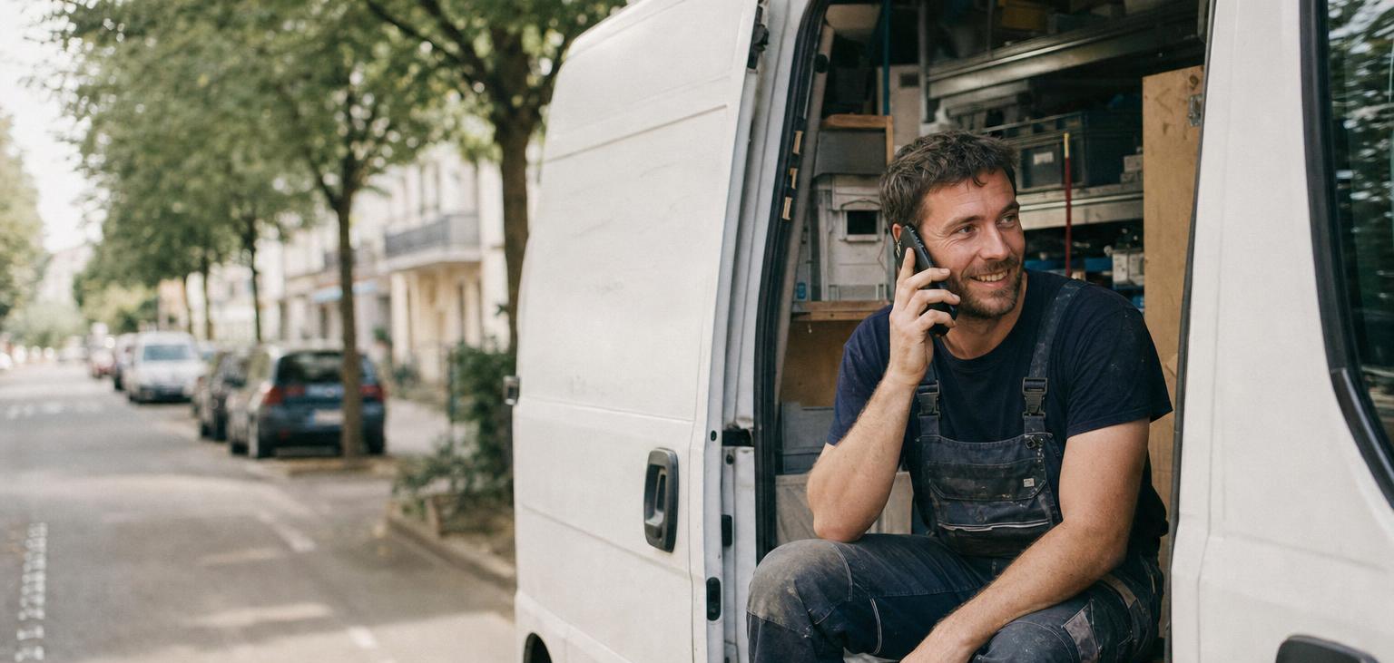 Un plombier assis dans la porte latérale de sa camionnette parle au téléphone