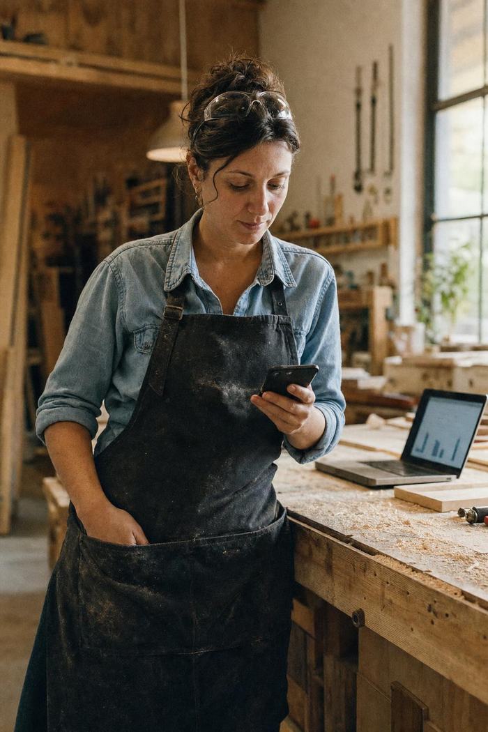 Une menuisière consulte son téléphone dans son atelier